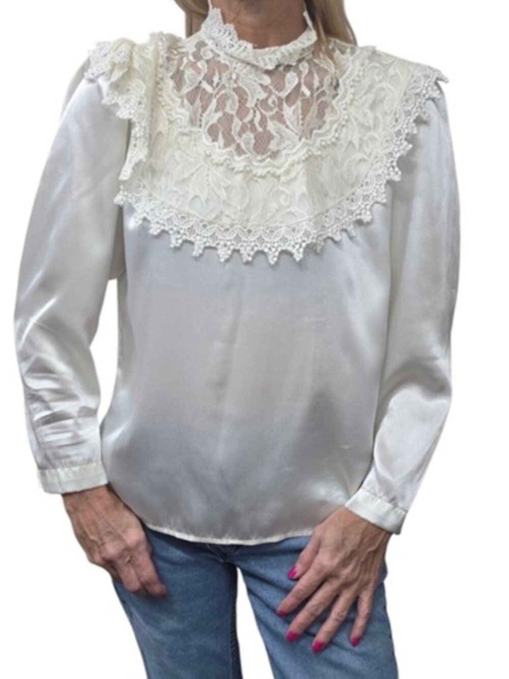 Vintage 80s Worthington Ivory Satin Lace Bib Victorian Blouse Petite 8